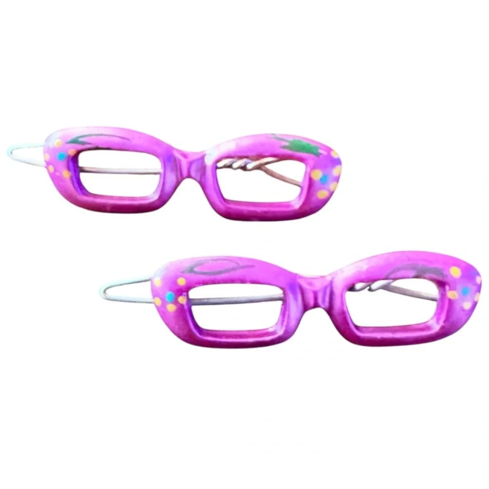 Vintage Cateye Glasses Barrettes Hair Clips, Hand‎ Painted Pink, Deadstock, 2”
